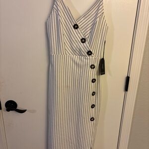 Popular Basics Black and White Striped Midi Dress